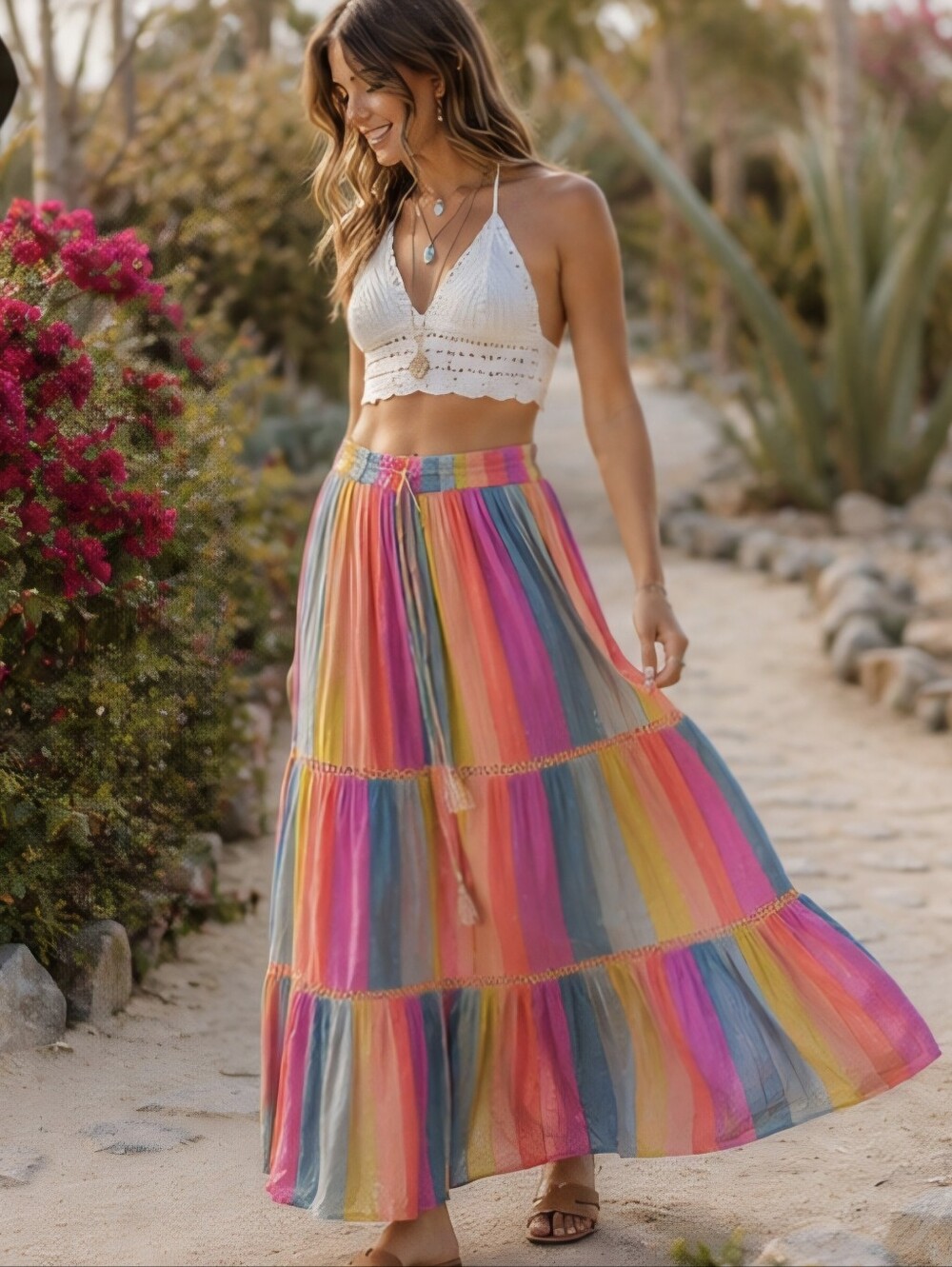 Gypsy Blu Boho Rainbow Stripe Tiered Maxi Skirt Rayon Festival Cottagecore